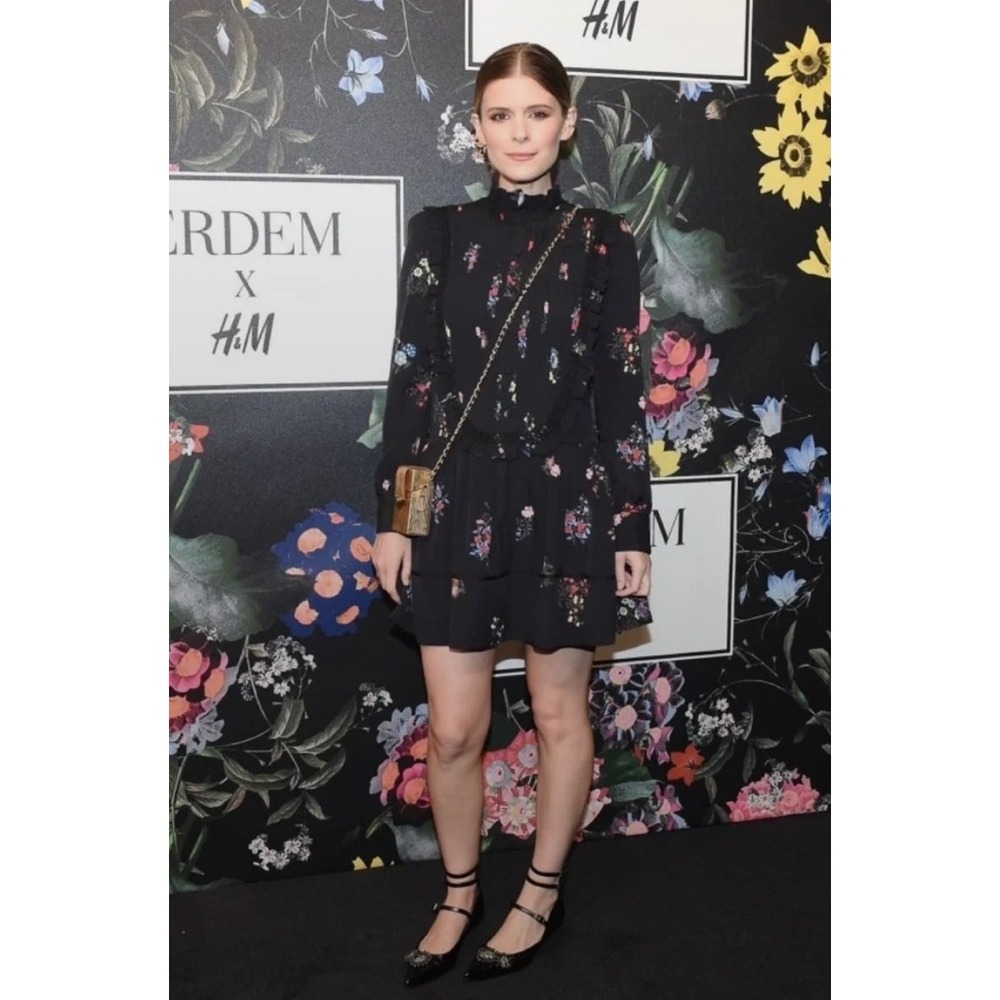 ERDEM x H&M Black Floral Ruffle Pleated Bib Long Sleeve Mini Dress US 2